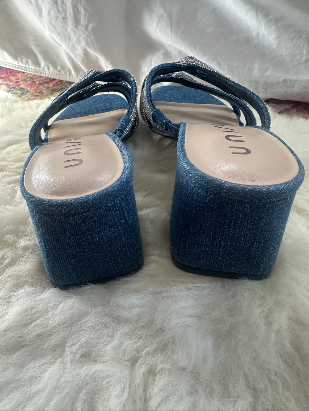 Unisa Denim Rhinestone Sandals Womens 7 Blue Block Heel Open Toe New - Picture 4 of 9